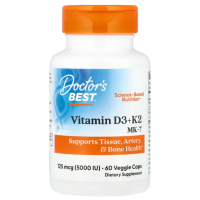 Купить Doctors Best, Витамины D3 и K2, (5000 МЕ) 125 мкг, 60 растительных капсул