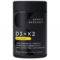 Купить Sports Research, Витамины D3+K2 5000 МЕ, Vitamin D3+K2, 60 растительных капсул