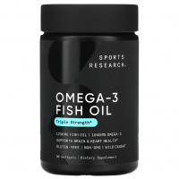 Купить Sports Research, рыбий жир с омега-3, Omega-3 Fish Oil, тройная эффективность, 1250 мг, 90 мягких таблеток