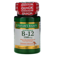 Купить Natures Bounty, B-12, натуральный вишневый вкус, 2500 мкг, 75 быстрорастворимых таблеток