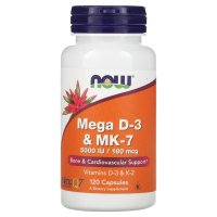 Купить NOW Foods, мега Д3 и MK-7, Mega D-3+K2, 180 мкг (5000 МЕ), 120 растительных капсул