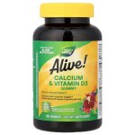 Natures Way, Alive!, жевательные таблетки с кальцием и витамином D3, малиновый лимонад и клубника, 60 мармеладок